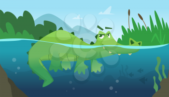 Crocodile in water. Alligator amphibian reptile wild green angry wild animal swimming vector cartoon background. Green alligator in river water, wildlife dangerous illustration