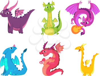 Cute dragons. Fairytale amphibians and reptiles with wings and teeth medieval fantasy wild creatures vector characters. Illustration of fantasy animal character, reptile mythology