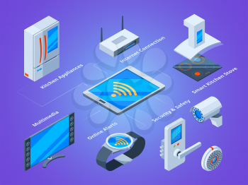 Smart households connection. Kitchen tools tv set microwave multimedia home connecting to smartphone vector isometric pictures. Illustration of innovation automated communication, connection device