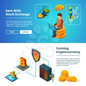 Cryptocurrency business banners. Global ico blockchain crypto digital money company coins mining vector isometric concept. Crypto currency stock, earn and ico startup illustration