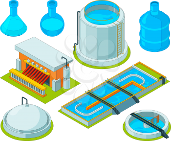 Water cleaning. Watering treatment waste separation transport chemical industrial water purification vector isometric pictures. Illustration of isometric reservoir and separator for water system