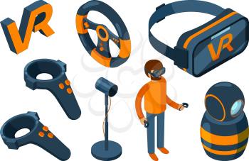 Virtual reality 3d. Vr game futuristic helmet and digital glasses augmentation headset vector isometric. 3d vr device, helmet and joystick, mask for simulation virtual illustration