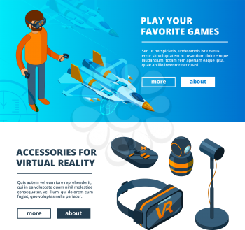 VR banners. Virtual game simulation portable reality equipment helmet headset glasses vector isometric pictures. Helmet device, headset innovation for video gaming illustration
