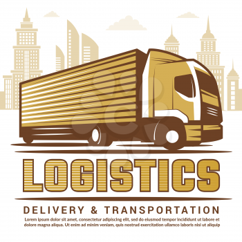 Logistics background. Vector stylized illustration of truck and different symbols of transportation company. Truck delivery transportation, transport company logistic