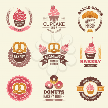 Bakery retro labels. Cupcakes donuts cookies and fresh bread vintage vector illustrations for stickers or badges design of bakery shop. Badge pastry, fresh donut and cupcake, delicious croissant