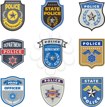 Police shield. Government agent badges and police department officer security vector symbols. Badge of cop or detective officer illustration