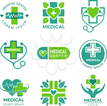 Medical logotypes. Medicine pharmacy clinic or hospital cross plus health care vector symbols design template. Illustration of hospital icon, health clinic medical