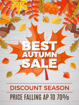 Autumn poster of sales. Orange and yellow leaves falls pictures of nature autumn discount vector banner. Illustration of autumn price discount in market