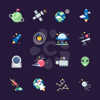 Space flat icons. Telescope satellite spaceship earth sun and planets views from observatory vector illustrations. Earth and spaceship, planet and telescope, rocket shuttle and ufo