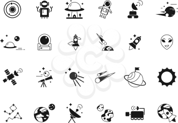 Explorer space icons. Telescope shuttle astronauts in moon and various planets satellites. Vector silhouettes of space pictures. Illustration of telescope and satellite moon, astronaut and shuttle