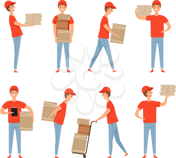 Delivery characters. Pizza food packages loader service man working in warehouse with cartoon boxes. Vector delivery mascot design. Illustration of courier man delivery food, deliver pizza