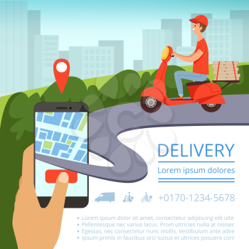 Order delivery online. Shipment tracking system mobile delivery man motorcycle fast shipping pizza box urban landscape. Vector picture delivery online, shipping order illustration