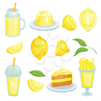 Lemon food. Cakes, lemonade and others yellow foods with lemons ingredient. Vector illustrations in cartoon style, fresh food with lemon, pie and juicy