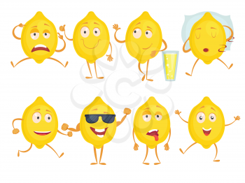 Lemon funny characters. Fresh fruits emotions sadness joy surprise and various poses. Vector mascot yellow lemon with happy face. Illustration of fruit fresh lemon isolated on white