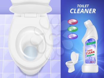 Toilet cleaner advertising. Fresh clean concept poster liquid detergent toilet sink and bathroom. Vector realistic picture bathroom antiseptic chemistry, detergent cleaning illustration