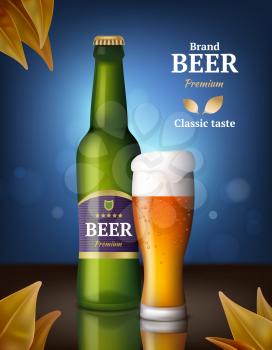 Beer alcohol poster. Drink bottles and glasses beer advertizing background of beverages retail vector image product. Mug beer and bottle glass, drink alcohol beverage illustration