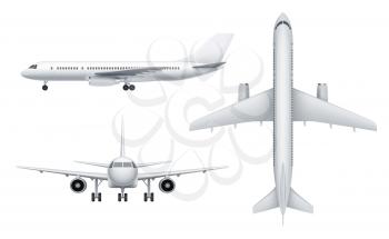 Civil aircraft views. Passenger white plane in various views fly transport realistic vector illustrations. Aircraft aviation, travel plane, transportation civil airliner