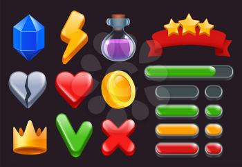 Game ui kit icons. Stars colored ribbons menus and status bars for online web or smartphone games interfaces vector 2d symbols. Gui for app play, ui progress star illustration