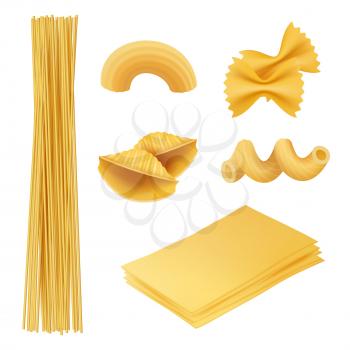 Pasta realistic. Italian food farfalle fusilli macaroni cook ingredients vector pictures of traditional cuisine. Italian cuisine, food macaroni, fusilli and penne illustration