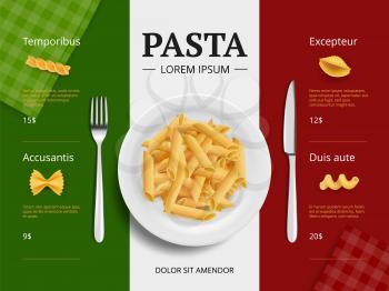 Italian menu cover. Pasta on plate delicious restaurant food macaroni spaghetti cooking ingredients vector placard template top view. Italian macaroni, restaurant menu pasta illustration