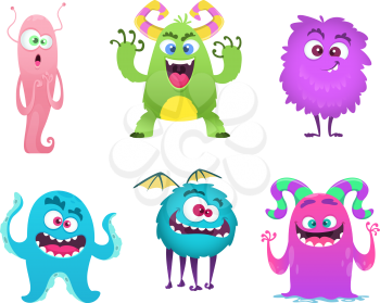 Monsters mascot. Furry cute gremlin troll bizarre funny toys vector cartoon characters isolated. Character scary and funny, cheerful monster goblin. Vector illustration