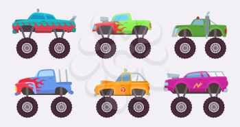 Monster truck. Big wheels of scary car automobile toy for kids vector illustrations. Monster transport suv, off-road pickup toys