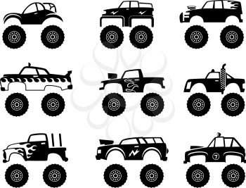Monster truck automobile. Big tires and wheels off road cartoon car toy for kids vector monochrome black illustrations isolated. Monster automobile truck collection