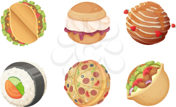 Space food planets. Game cartoon fantasy world from candy sweets burgers and pizza with meal and salad funny vectors. Illustration of planet food burger and pizza world
