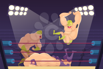 Wrestlers fighting. Sport cartoon mortal background with combat characters luchadors vector mascots. Illustration of wrestler sport on ring, fighting mortal combat