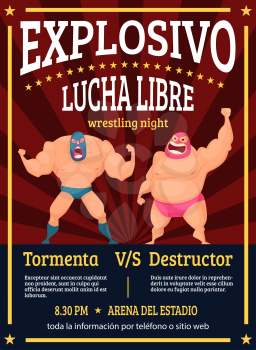 Lucha libre poster. Retro placard announced fighting match of mexican wrestlers luchador vector muscle characters. Illustration of placard announced fighting luchador event