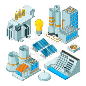 Electrical equipment. Watt electricity lighting generators vector isometric pictures isolated. Energy equipment, electricity power station illustration