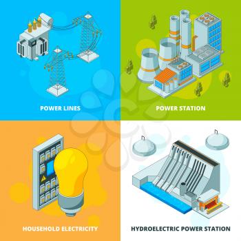 Energy power stations. Electrical symbols generator high voltage transmission vector isometric concept pictures. Ilustration of power electricity isometric, station construction infrastructure