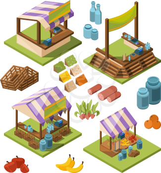 Local farm isometric. Food marketplaces with meat vegetables fish grocery country store vector pictures isolated. Illustration of grocery farm isometric, food market 3d