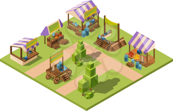 Outdoor food market. Isometric local farm grocery marketplaces with vegetables fruits meat and fish farmers country store vector. Farm market shop, area agriculture grocery store illustration