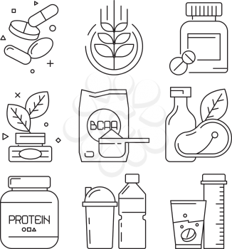 Sport medication icons. Whey multivitamin pills drinks supplement dietary fitness food vector linear symbols. Protein and bcaa, supplement to workout training, container with powder illustration