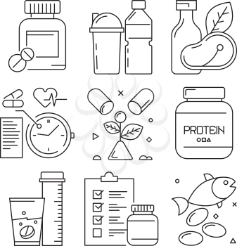 Fitness dietary icons. Sport activities food supplement health vitamins gym exercise well training vector line symbols. Illustration of fitness diet food, training bodybuilding dietary