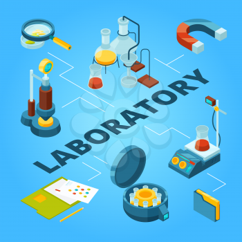 Science laboratory isometric. Biology or pharmaceutical lab with scientist workers vector 3d concept. Illustration of research chemistry, scientific isometric laboratory