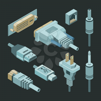Plug connectors. Vga hand drawnmi video cable electricity power usb port socket adapters vector isometric. Illustration of usb plug with cable connect