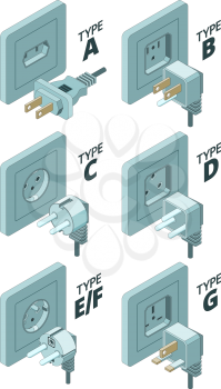 Power plug types. Electricity energy box connector meter 3d isometric vector illustrations. Plug type 3d, connector electricity set