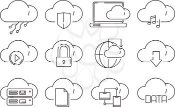 Web cloud services icons. Internet sync computer technology infographic vector linear symbols isolated. Cloud data sync and networking, internet app service illustration