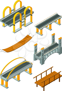 Viaduct bridge isometric. Wood support crossing river or highway logging industry vector urban landscape. 3d bridge and viaduct isometric, 3d building construction for road illustration