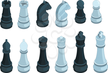Chess isometric. Board game figures piece queen bishop strategy vector 3d pictures set isolated. Illustration of chess game, piece and bishop, pawn isometric and knight