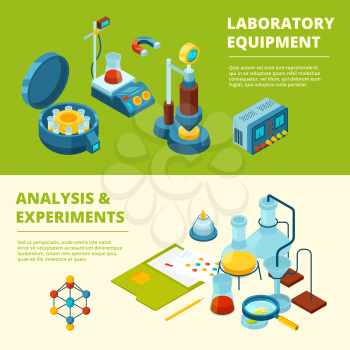 Scientific banners. Medical or chemical experiment laboratory room and equipment vector isometric pictures. Illustration of research laboratory, structure molecule and burner bunsen isometry