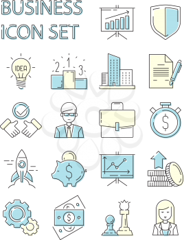 Colored business icon. Responsive symbols set data perfection speaker finance strategy startup employees vector outline. Illustration of startup finance, business chart analysis and management