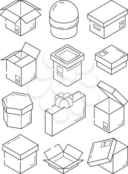 Box isometric icon. Cardboard export package container small present with bow vector outline symbols. Illustration of outline box and package, parcel and pack cardboard
