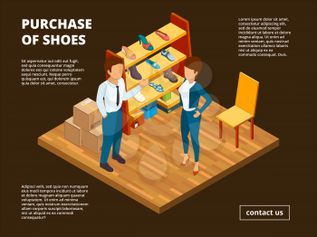 Retail shoe market. Shop store of foot for male and female dressing room interior casual clothes vector isometric. Illustration of retail isometric market, shopper woman