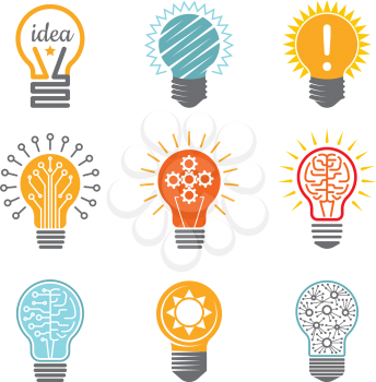 Ideas bulb symbols. Creative tech innovation electrical icon for business logotype vector colorful various templates. Illustration of idea bulb, innovation business logo