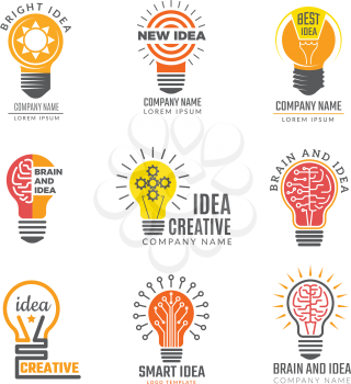 Ideas bulb logotypes. Colorful creative lamp shape smart symbols powerful vector logotypes. Illustration of bulb idea logotype, intelligence brain badge