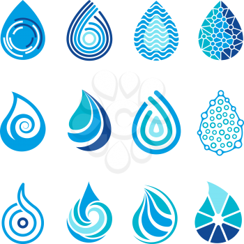 Drops icons. Water splashes abstract symbols for vector healthcare aqua h2o logo design. Illustration of aqua liquid water drop, droplet shape
