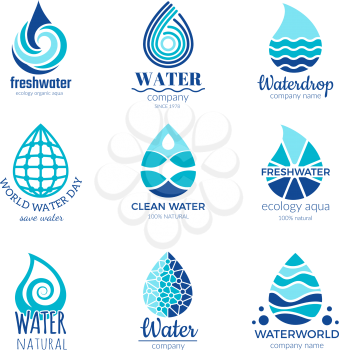 Water logos. Aqua water drops and splashes silhouette health rain spa vector symbols isolated with place for your text. Illustration of drop logo, droplet aqua emblem